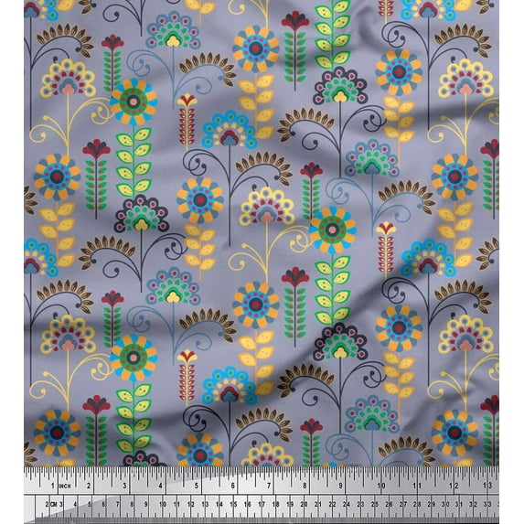 Soimoi Viscose Chiffon Fabric Leaves & Floral Clip Art Printed Fabric 1 Yard 42 Inch Wide