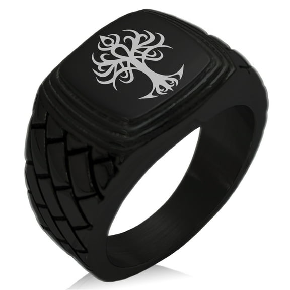 Stainless Steel Tribal Tree of Life Geometric Pattern Step-Down Biker Style Polished Ring