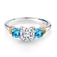 thumbnail image 2 of Gem Stone King 925 Silver and 10K Yellow Gold White Moissanite and Swiss Blue Topaz 3 Stone Engagement Ring for Women (1.82 Cttw, Cushion Cut 6MM and 4MM, Available in Size 5, 6, 7, 8, 9), 2 of 4