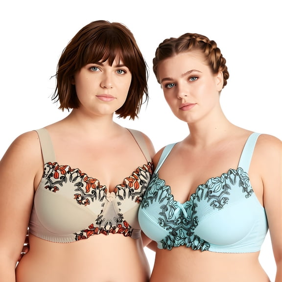 Curve Muse Women's Plus Size Minimizer Wireless Unlined Bra with Embroidery Lace-2Pack-Nude,Blue Light-34C-V3