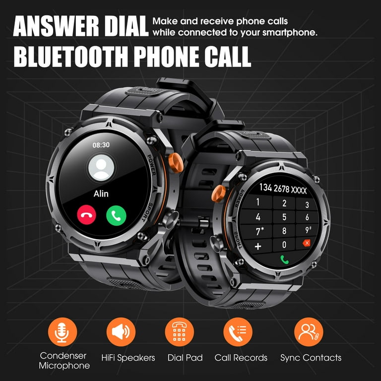 AICase Military Smart Watches for Men, Bluetooth Call Receive Dial, 1.28  IP68 Waterproof Rugged Smartwatch for iPhone/Android, C21 Outdoor Tactical