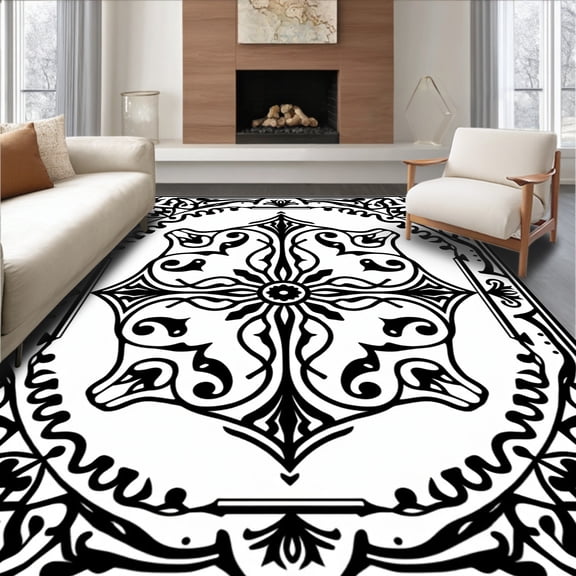 ODIKA 2'x3' Machine Washable Non-Slip Area Rug, Vintage Damask Nouveau Inspired Ornamental Decorative Arrangement High Traffic Rug, Black, 588481