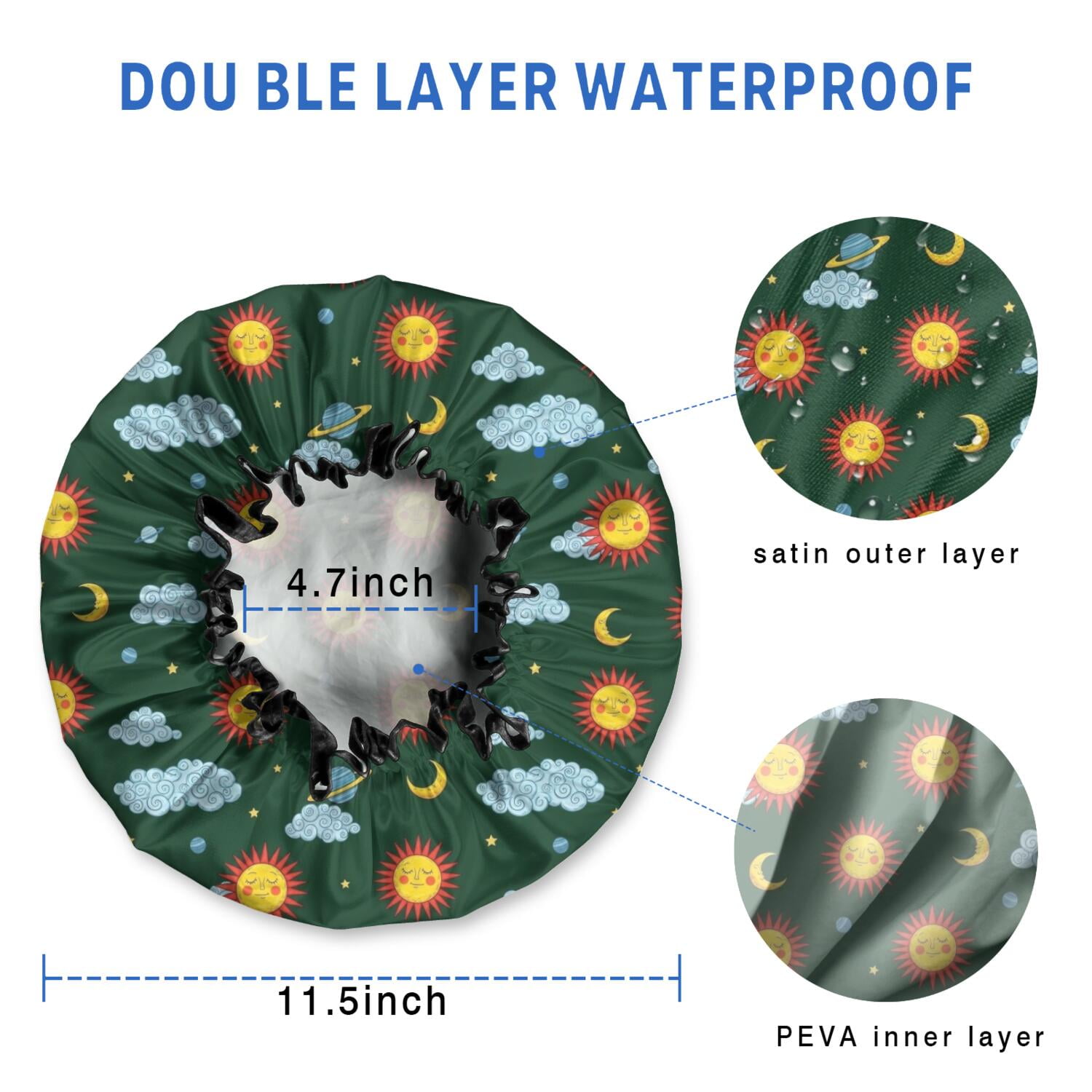 Shower Caps,Green Sun Moon Cloud Planet Pattern Waterproof Shower Cap for Women 4 Pieces,Double Reusable Hair Cover for Shower PEVA Elastic Stretch Hem