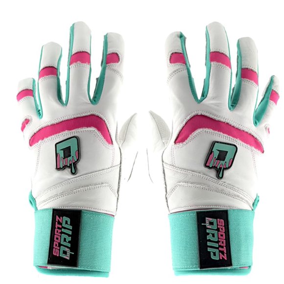 Guantes de bateo Sportz Drip de cuero genuino blanco y rosa