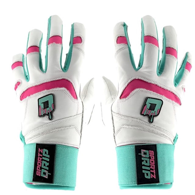 Guantes de bateo Sportz Drip de cuero genuino blanco y rosa