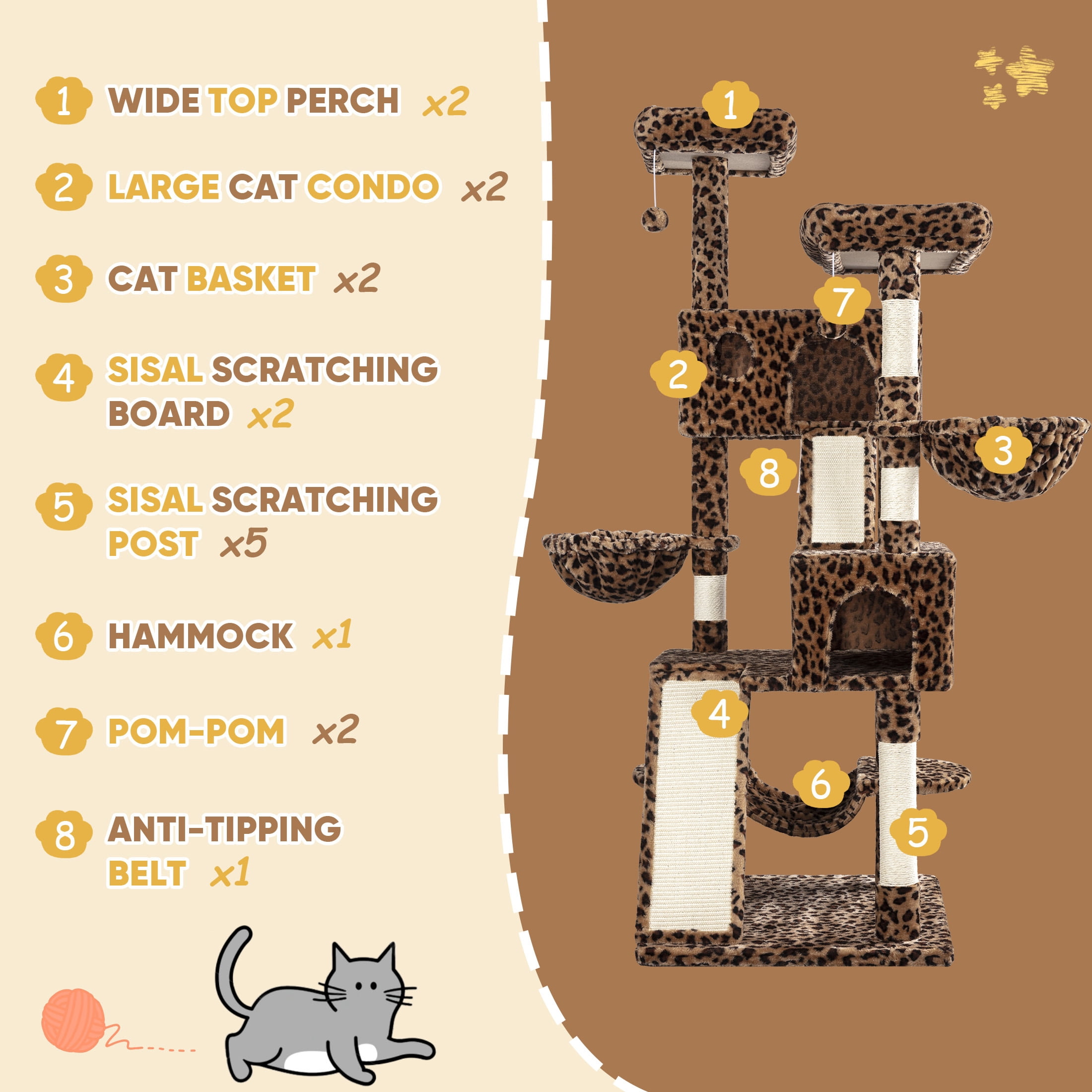 Einfach 65.7" Large Cat Tree and Tower for Cats, Condo House with Hammock, 2 Scratching Boards & 5 Scratching Posts, Leopard Print