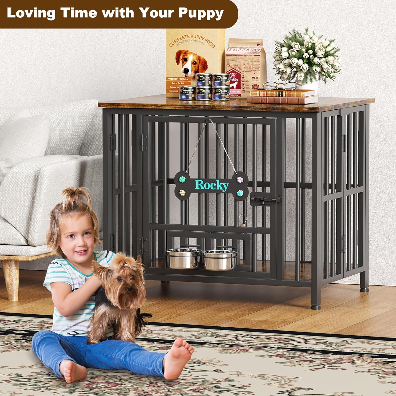 POAO 31" Dog Crate Furniture Foldable for Medium Dogs(20-40 lb), No Assembly Dog Kennel Indoor,Dog Cage with Adjustable Bowls &Name Tag,End Table