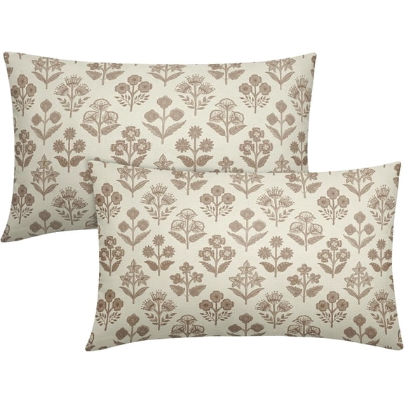 Brown Floral Pillow Covers 12x20 Inch Set of 2, Block Print Lumbar Flower Cream Decorative Throw Pillowcases Outdoor Farmhouse Rectangle Cushion Covers Spring Summer Sofa Couch Bed Decor