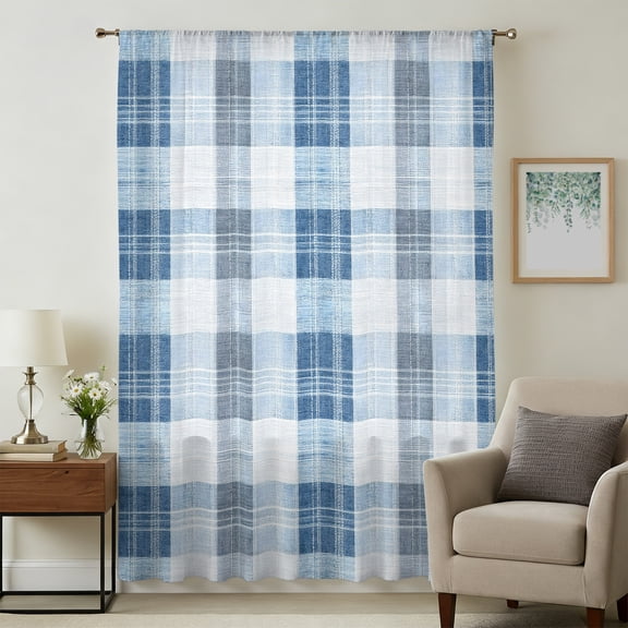 Blue Checkered Sheer Curtains 96 Inches Long, Farmhouse Modern Buffalo Plaid Light Filering Curtains, Privacy Drapes Simi Floor to Veiling Curtain for Living Room Bedroom Large Window Treatment