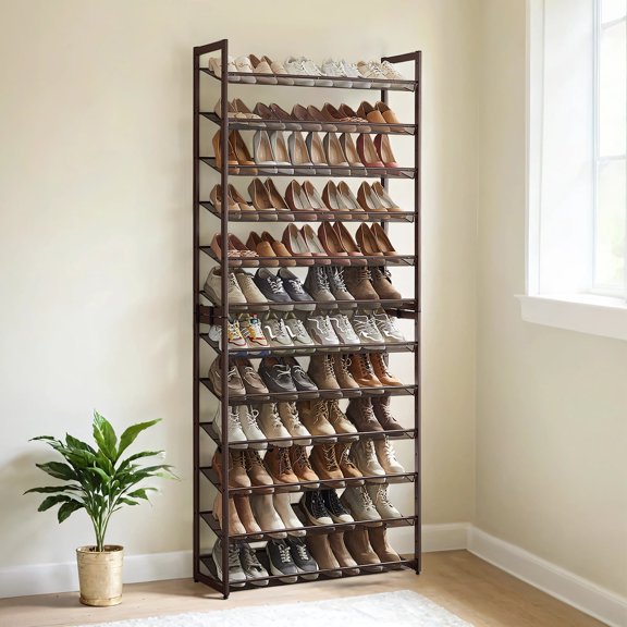 LEDREM 12-Tier Stackable Shoe Organizer, Adjustable Metal Shoe Rack for Entryway & Garage, Holds 48+ Pairs, Fits High Heels & Boots, Bronze