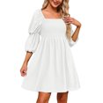 thumbnail image 2 of Babysbule Dresses For Women Ladies Solid Casual Square Neck Puff 3/4 Sleeve Smocked Chest Off Shoulder Babydoll Mini Short Dress, 2 of 9