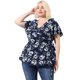 thumbnail image 4 of Women's Plus Size Tops Ruffle Neck Floral Print Bell Sleeve Wrap Tie Waist Boho Peplum Blouse Navy Blue 3X, 4 of 7