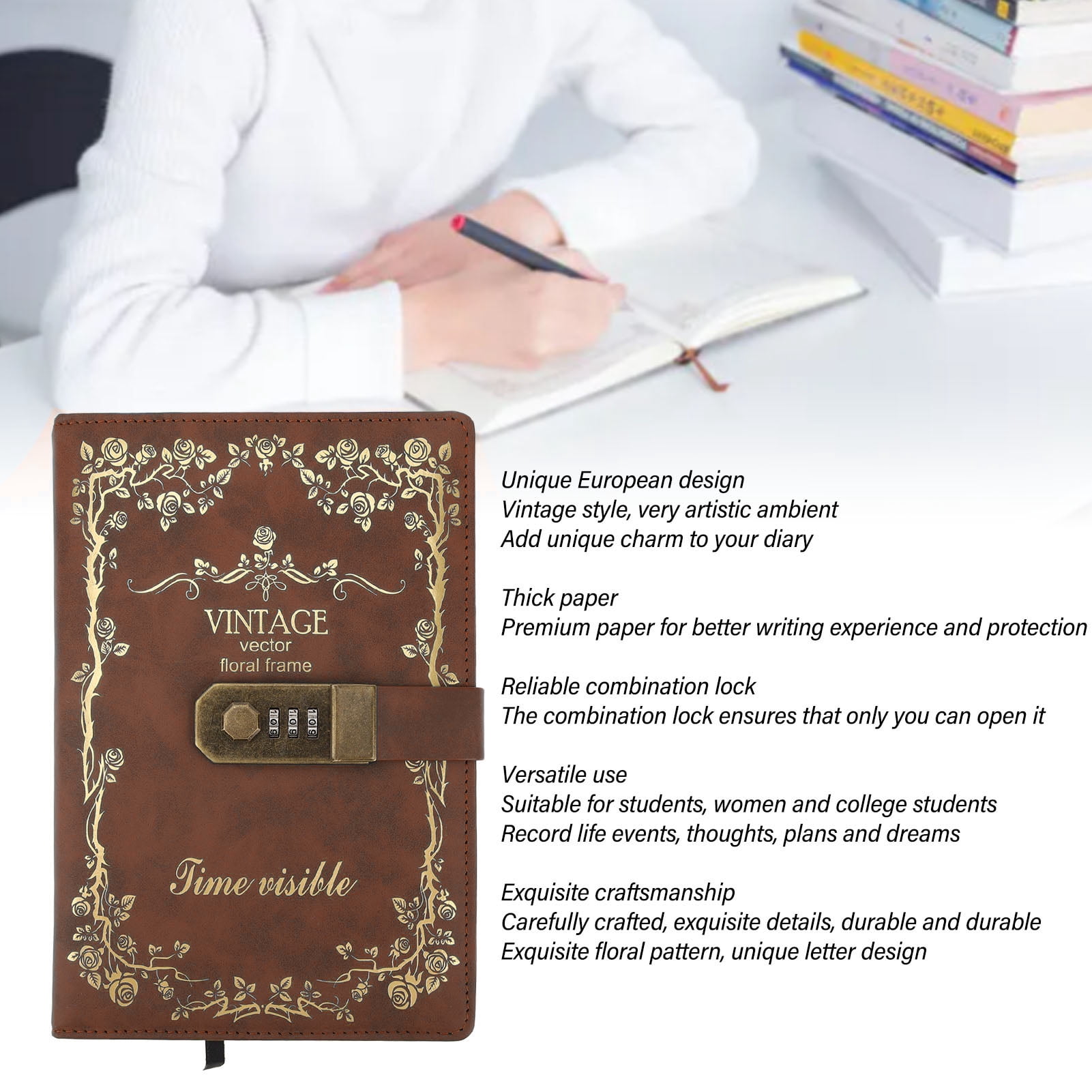Nieyigj Exquisite Password Book, Vintage Style Lock Diary for Writing, Coffee Brown, 8.66 inches / 22 cm