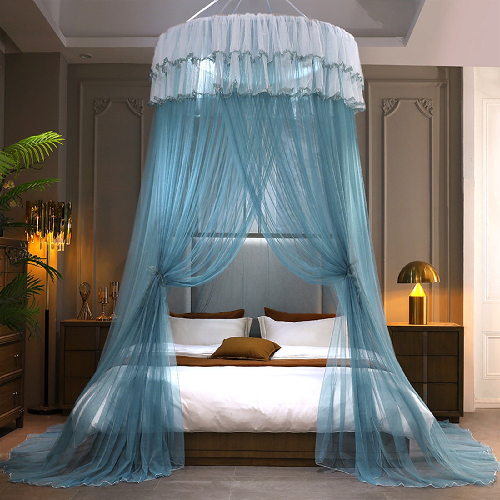 Princess-Style Bed Canopy with Mosquito Net, Ruffled Lace Ceiling-Mounted Dome, Foldable Polyester Fabric