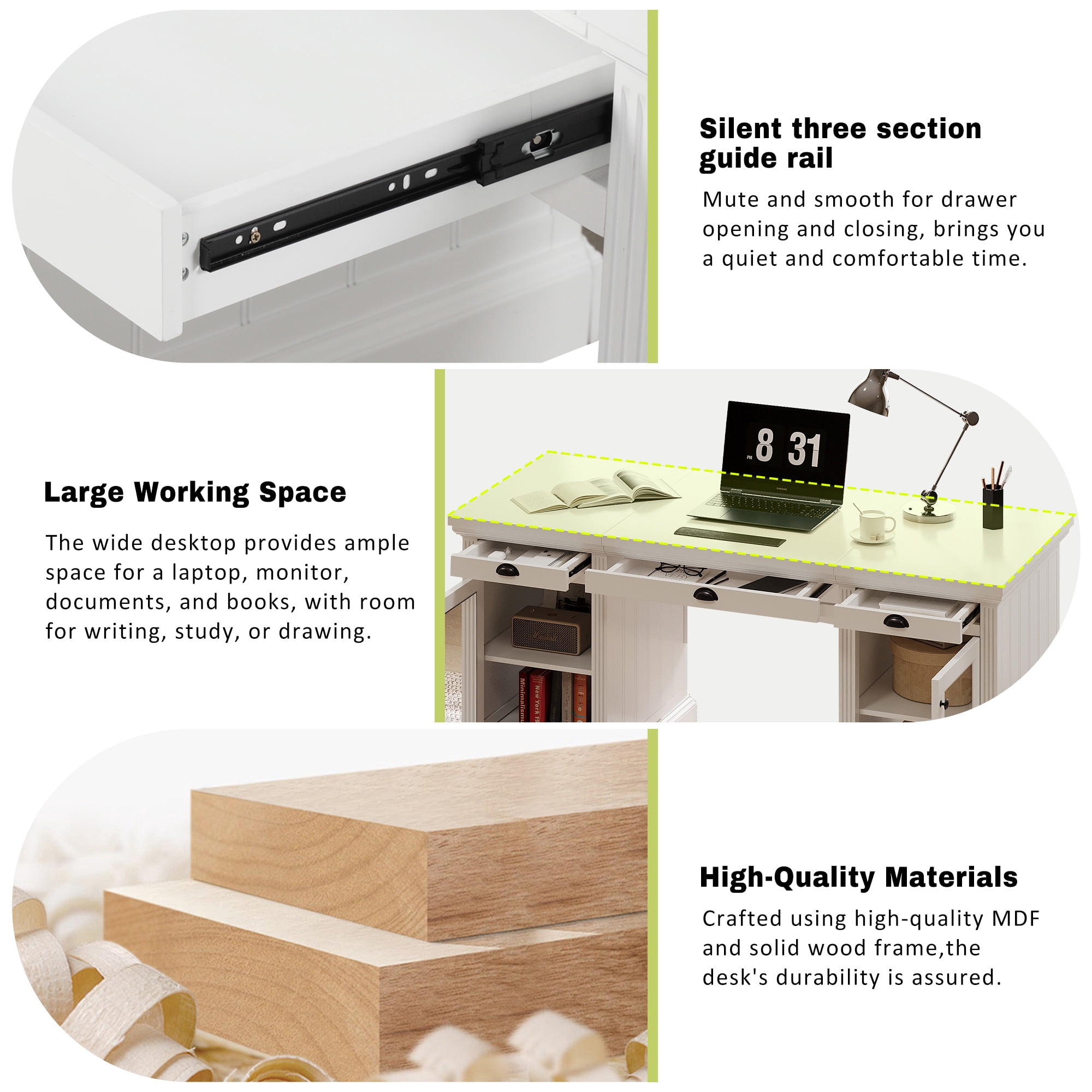 DTTRA 67" Modern Executive Desk with 3 Drawers & 2 Cabinets, Built-in Outlets, White