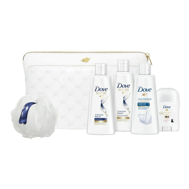 Dove 6Pc Fly Beautiful Travel Gift Set with BONUS Pouf & Makeup Bag
