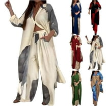 Sentmoon Womens Sets 2 Piece Outfits Trendy Tops for Women 2025 and Business Pants Plus Size Long Sleeve Lapel Collar Travel Clothes Women Loose with Print Blouses for Cozy Lounge at Home