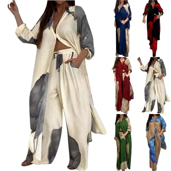 Sentmoon Women 2 Piece Outfits Sets Cute Top and Business Pants Plus Size Long Sleeve Lapel Collar Stretchy Womens Clothes Loose with Print Blouse for Winter Business Travel
