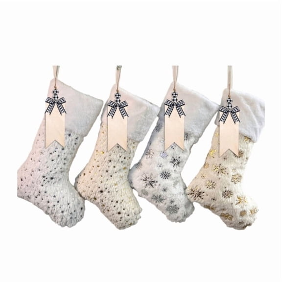 Pack of 4 Christmas Stockings Gold Snowflakes Festive Holiday Mantlepiece Decors Christmas Socks with Snowflakes/Star