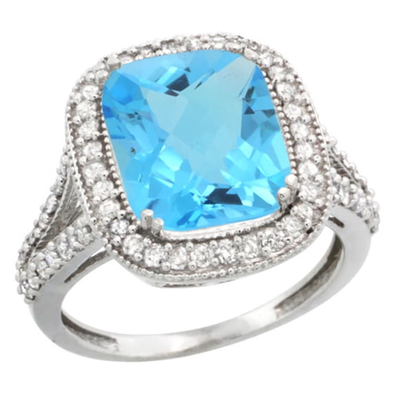 14K White Gold Natural Swiss Blue Topaz Ring Cushion-cut 12x10mm Diamond Halo, size 10