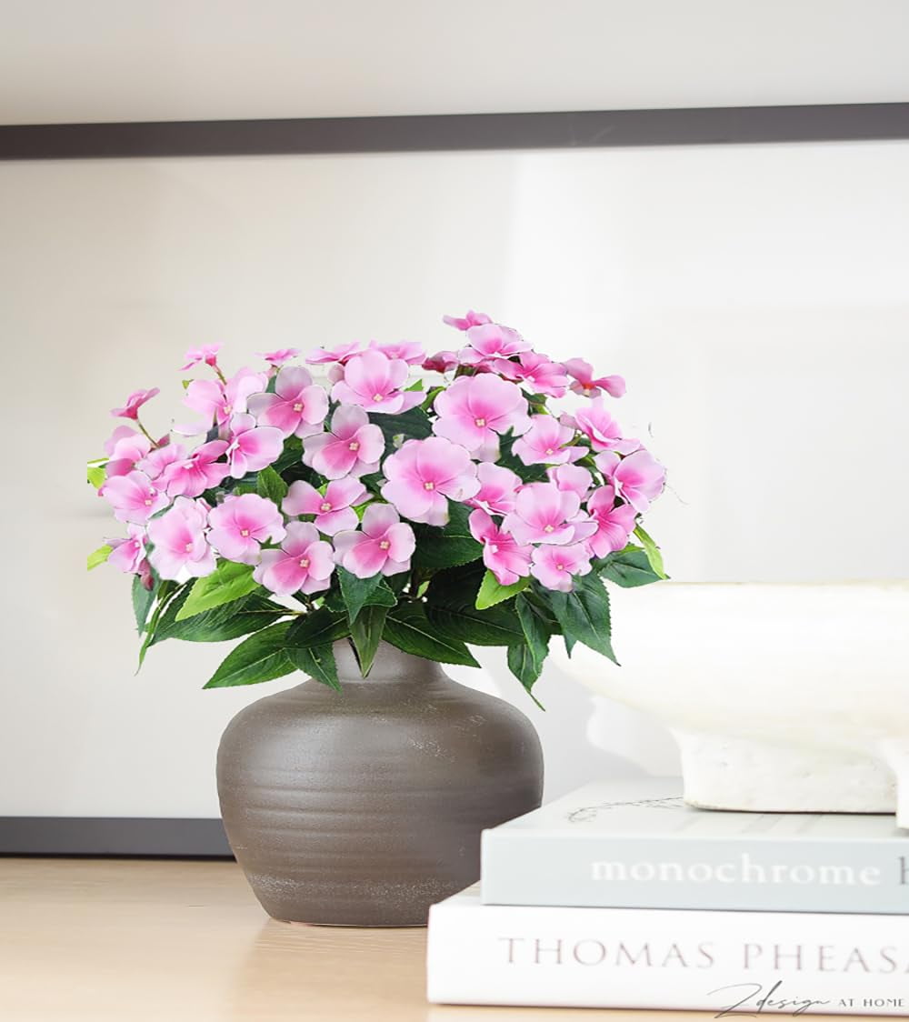 4Pcs Artificial Flowers for Outdoors, 15.74" Faux Silk Impatiens Flowers for Outside, Artificial Impatiens Flowers Lawn Garden Home Wedding Decoration (Pink)