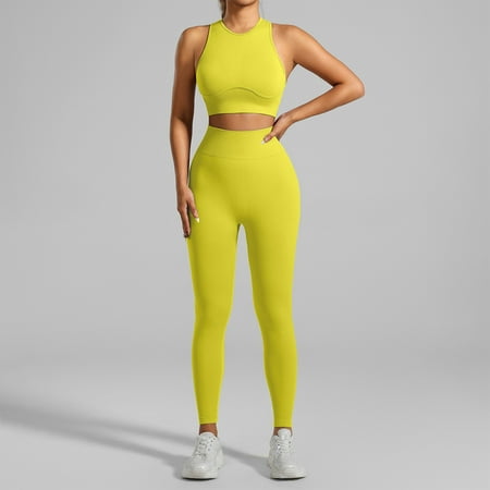 XDDLITP Workout Sets for Women Two Piece Padded Stretchy Ribbed Sports Bra Sets with High Waist Seamless Leggings Gym Work Out Outfits Clothes Yellow M