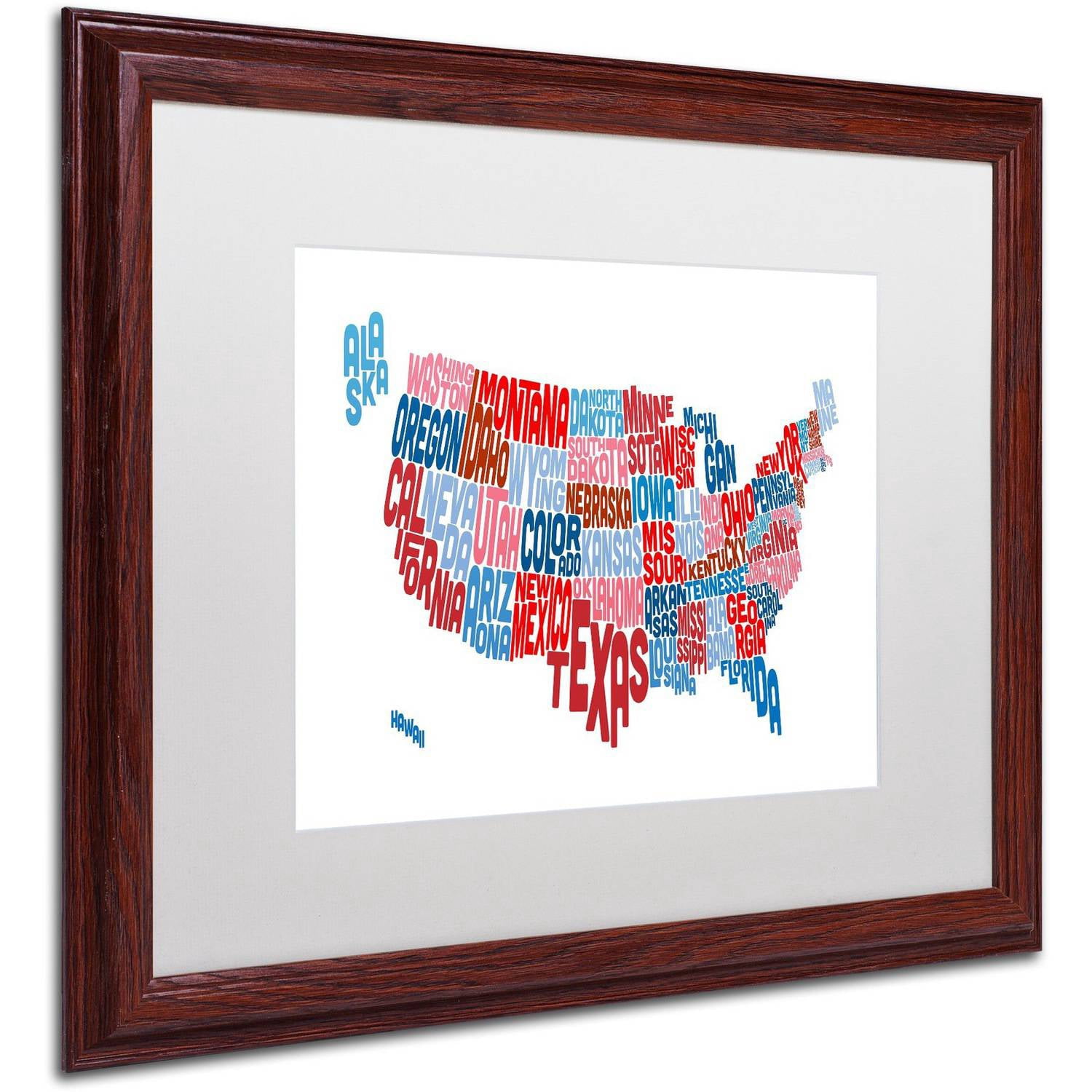 Trademark Fine Art 'United States Typography Text Map' Canvas Art by Michael Tompsett, White Matte, Wood Frame