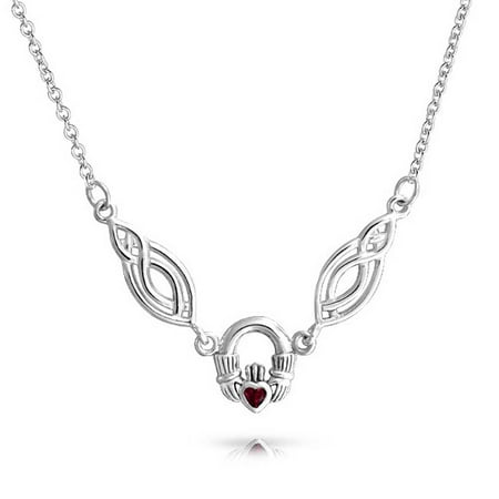 Red Garnet Irish Celtic Trinity Love Knot Claddagh V Collar Necklace For Women 925 Sterling Silver January Birthstone
