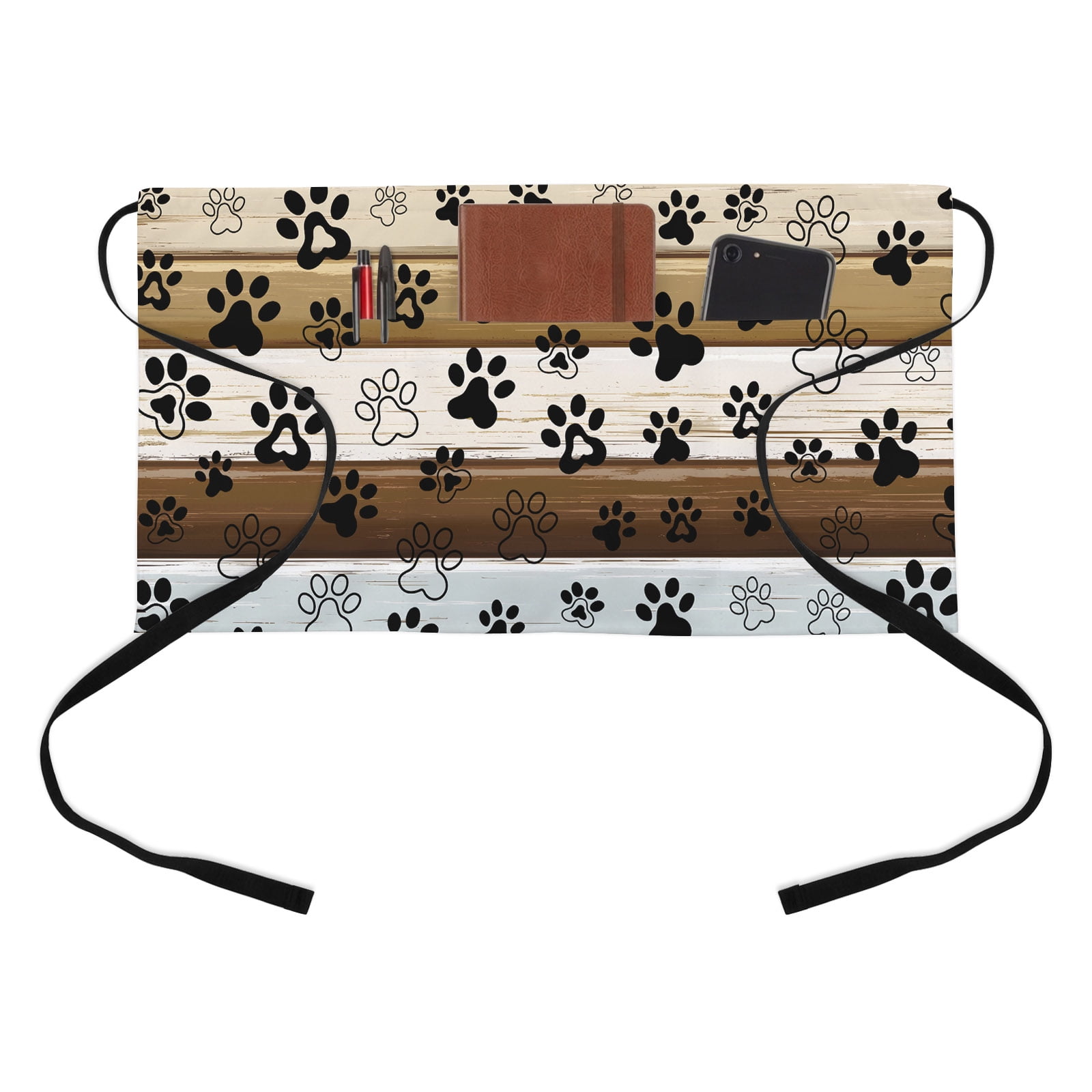 Dog Paw Cat Paw Kitchen Restaurant Half Waist Apron, Brown Beige Wood Grain Server Short Apron with 3 Pockets Waterproof Oil Waist Aprons for Women Waitress Waiter