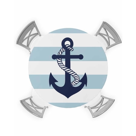 nqOlkjepod Aqua Stripe Nautical Round Tablecloth Fitted Table Cover with Elastic for 45 -54 Round Tables Navy Blue Anchor Summer Coastal Table Cloth Outdoor Dinning Party Waterproof Tablecloths
