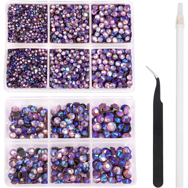 LAICAIW 6616pcs Hotfix Rhinestones 5 Mixed Sizes FlatBack Crystal Rhinestones for Crafts Round Glass Gems with Tweezers and Picking Rhinestones Pen(Amethyst AB)