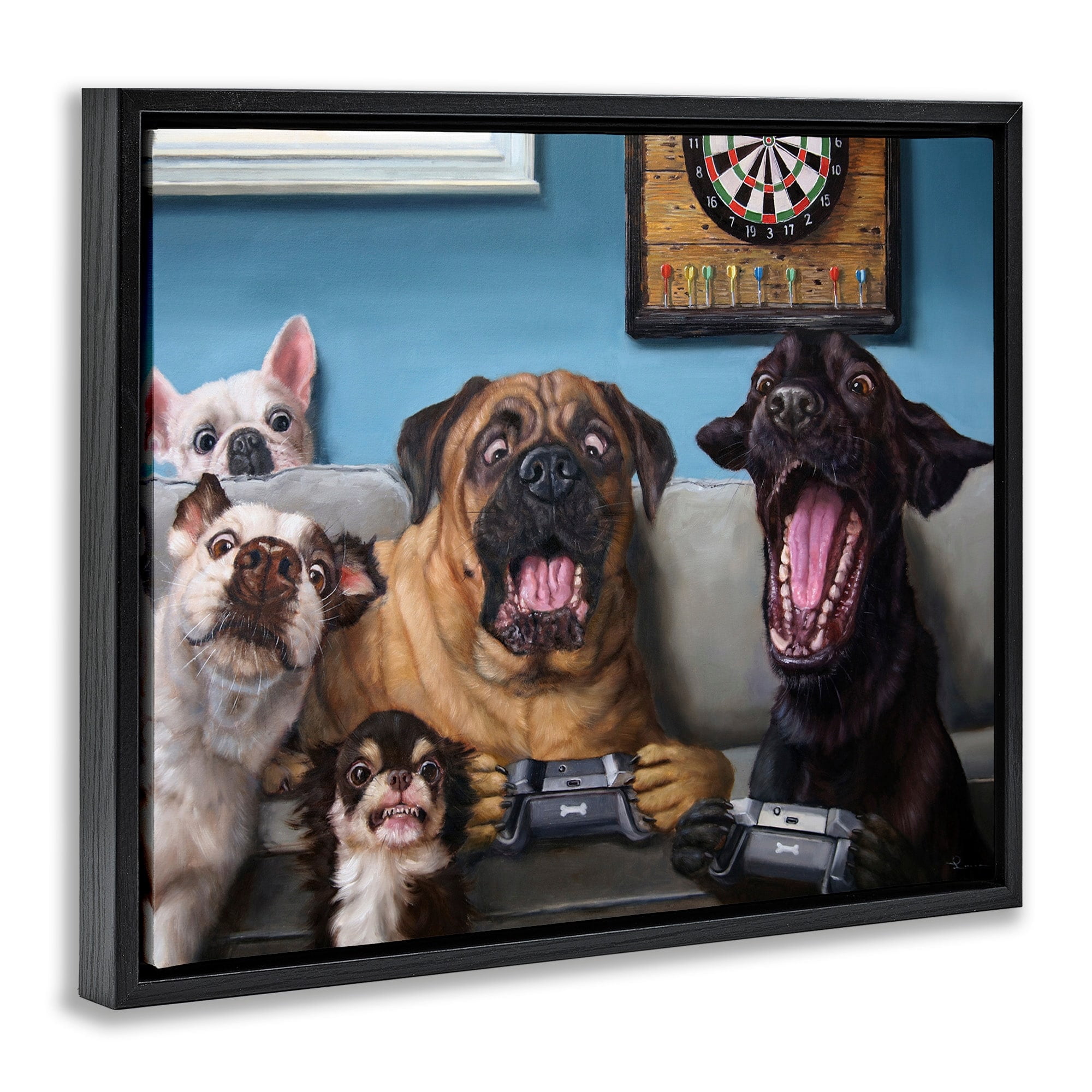 Stupell Industries Funny Dogs Playing Video Games Livingroom Pet Portrait Jet Black Framed Floating Canvas Wall Art, 24x30, by Lucia Heffernan