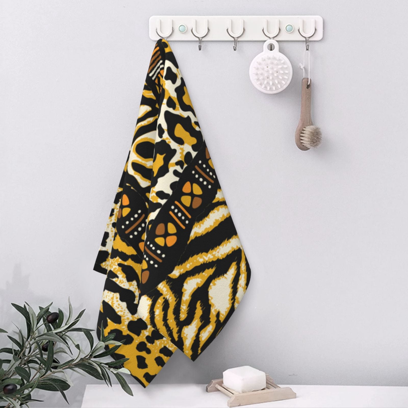 Golden Wild Animal Skins With African Tribal Motifs 27.5" x 16" Ultra Soft Hand Towel, Face Wash Cloth for Bathroom, Gym, Travel, Pool