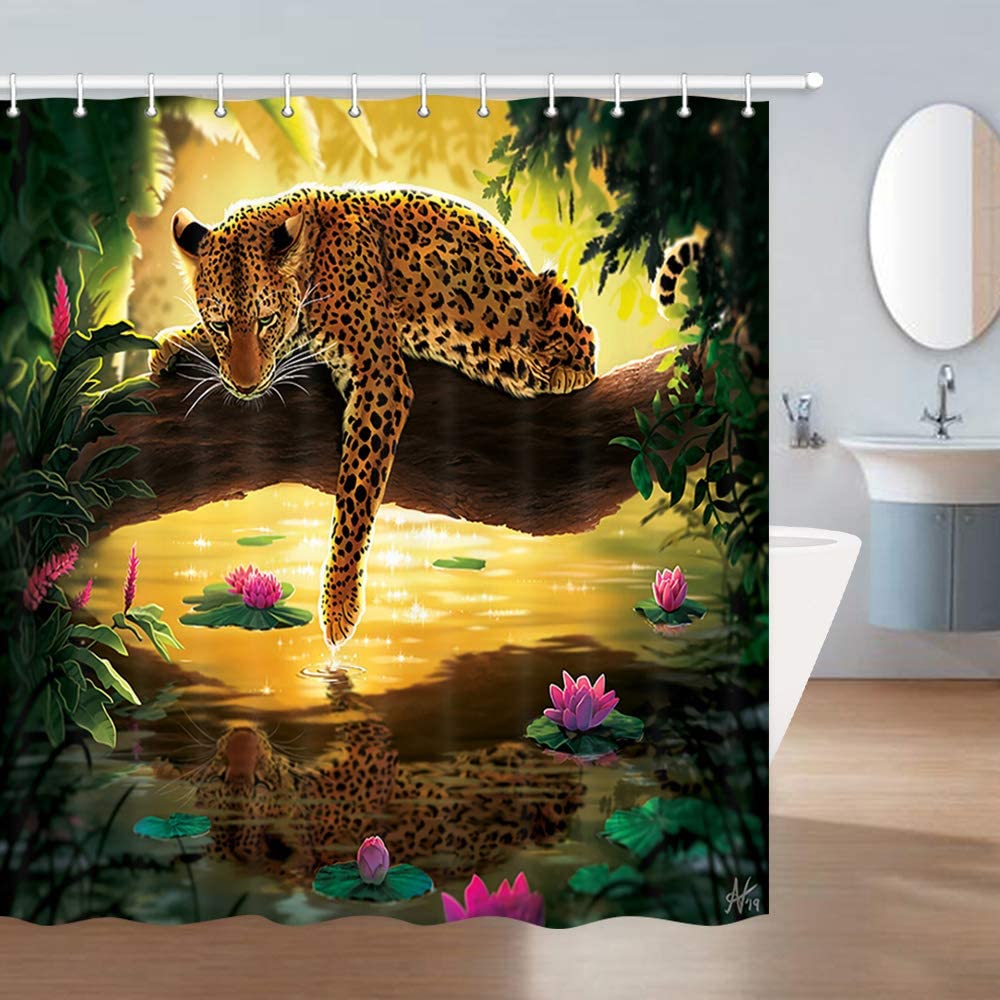 Wild Animals Shower Curtain Green Tropical Forest Jungle with Jaguar