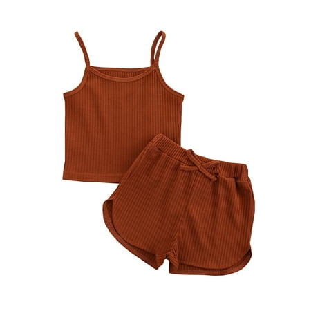 

Ounabing Toddler Kids Baby Girl Solid Pullover Sleeveles Ribbed Casual Sports Running Dancewear Tops Shorts Set Clothes New Born Girls Set Birth Announcement Outfit