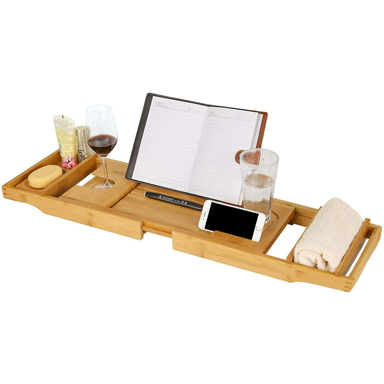 Simhoo Wide Bamboo Bath Caddy Tray Wooden Bathtub Adjustable Holder &  Organizer