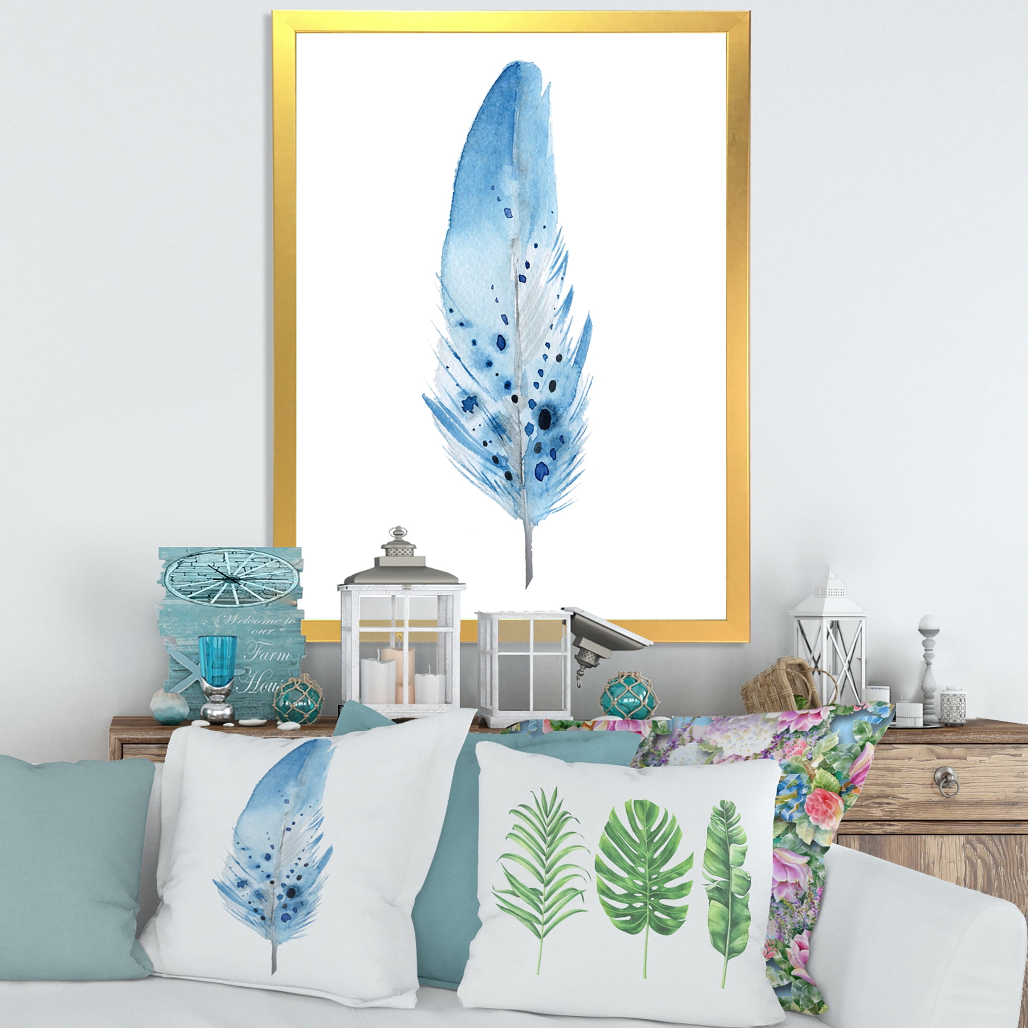 Designart 'Abstract Blue Boho Feathers' Bohemian & Eclectic Framed Art Print