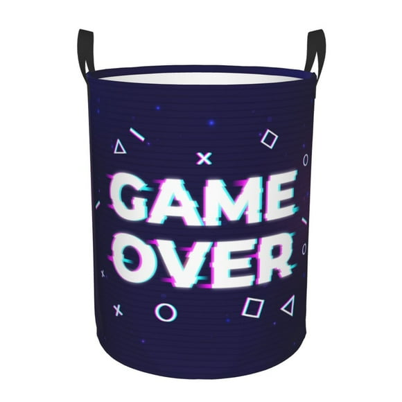 DouZhe Waterproof Collapsible Large Laundry Baskets, Glitch Text Game Over Prints Circular Hamper with Handles