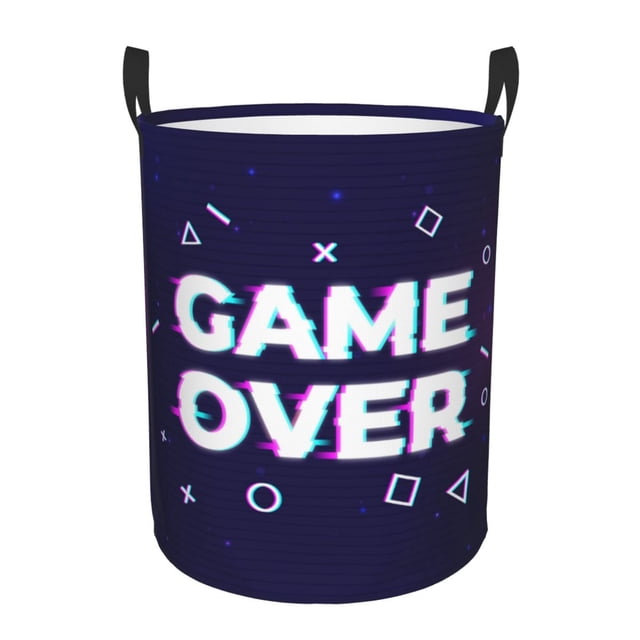 DouZhe Waterproof Collapsible Large Laundry Baskets, Glitch Text Game Over Prints Circular Hamper with Handles