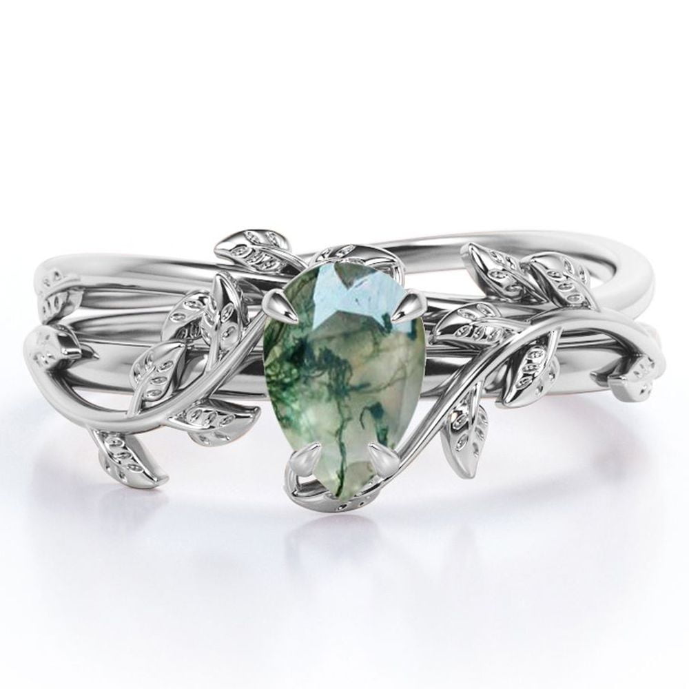 JeenMata Prong Setting 1 Carat Teardrop Transparent Dendritic Moss Green Agate Leaf Pattern Bridal Ring Set in 18K White Gold Plating over Silver