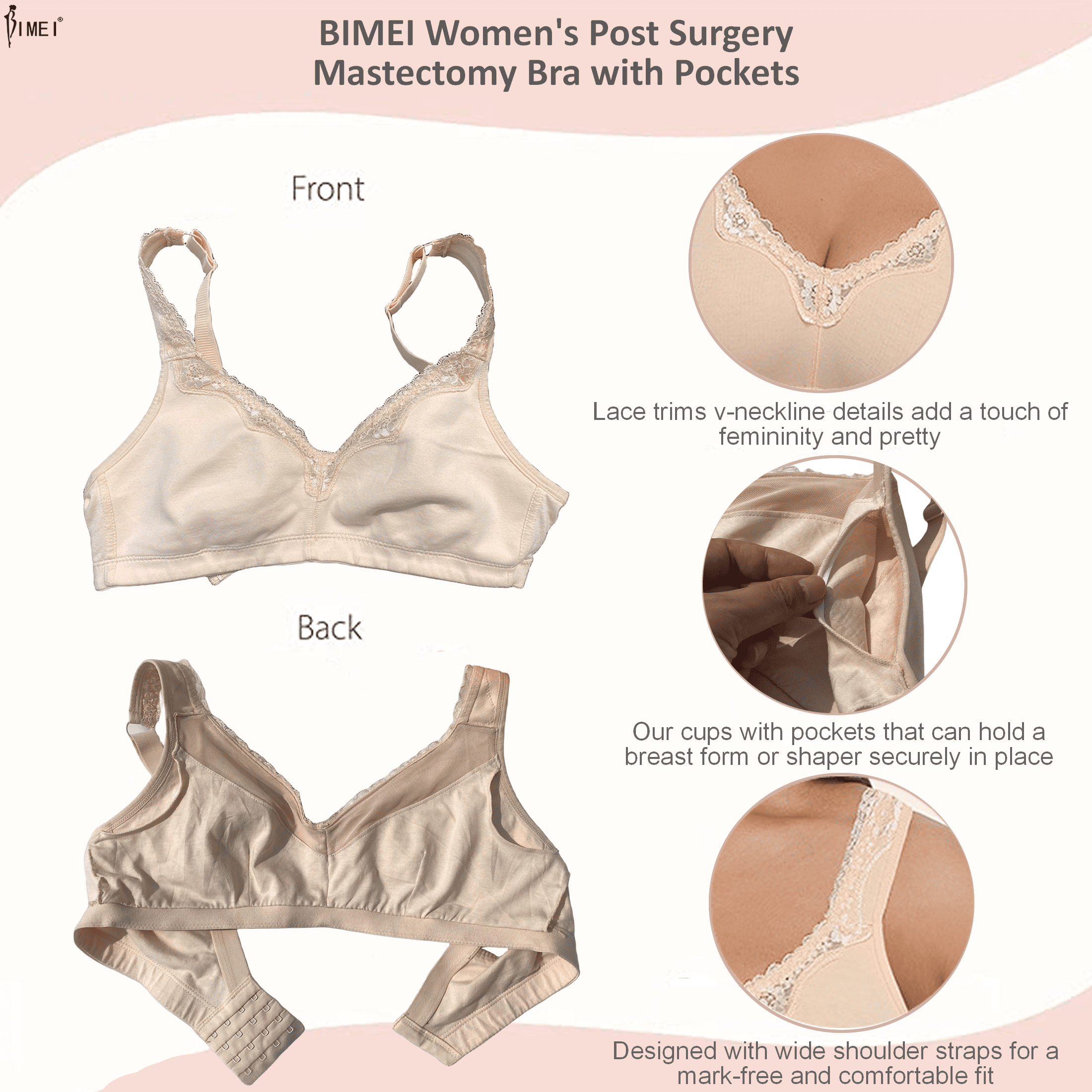 BIMEI Women's Mastectomy Bra Lace Plus Size Full Coverage Non Padded Comfort Cotton Wirefree Bra with Pocket,Beige,46B