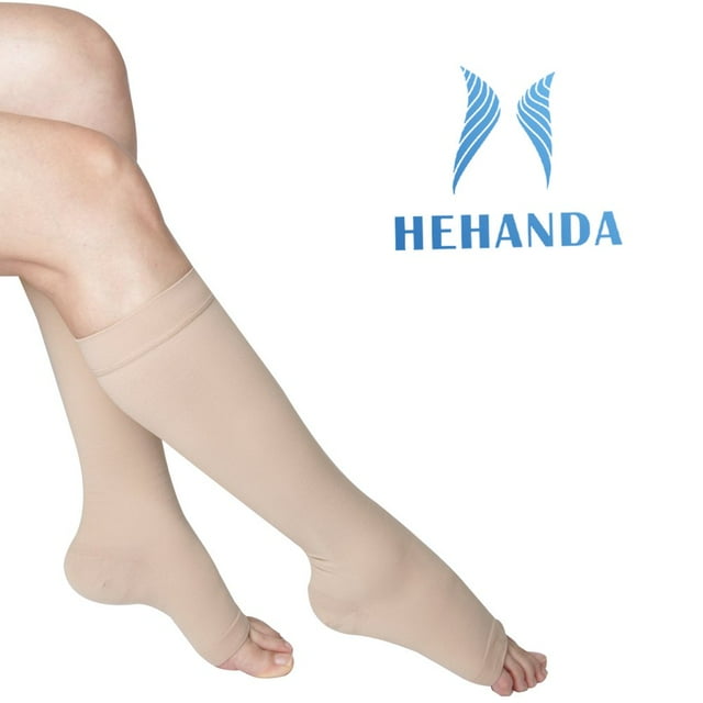 Hehanda Chaussettes de Compression à Bout Ouvert pour Femmes et Hommes (P-6TG) Hauteur Genou 20-30 mmHg Soutien Circulation Attelles Tibiales et Récupération des Mollets Varices 1 Paire Noir Sans Orteils, Beige, 3TG