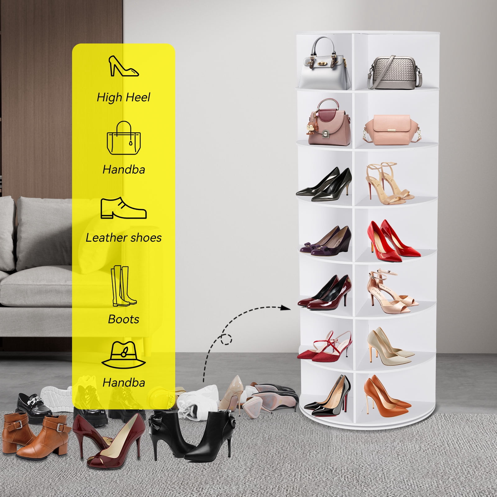 7-Tier Spinning Shoe Rack, 360° Rotating Shoe Organizer Tower, Vertical Carousel Storage for Shoes and Handbags