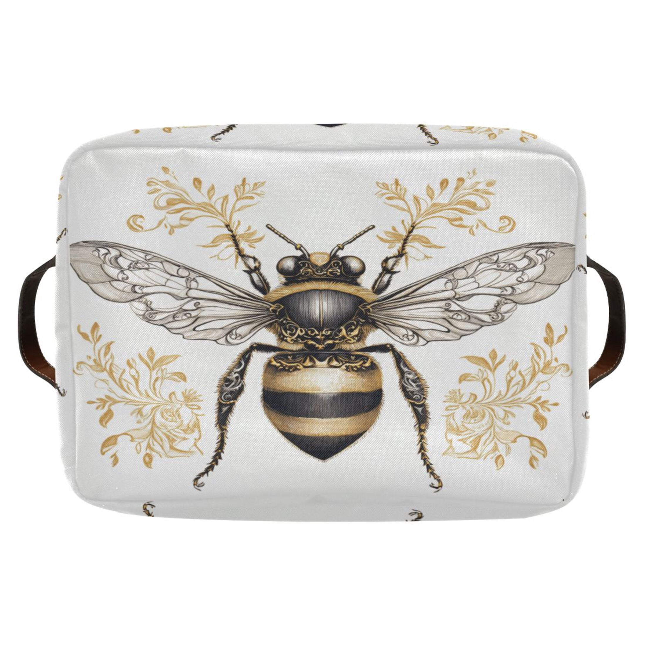 Bee with Ornate Patterns Foldable Storage Basket,Canvas Fabric Foldable Storage Bins with Handles Open Home Storage Bins Boxes for Toy Book Shelf Closet Baskets