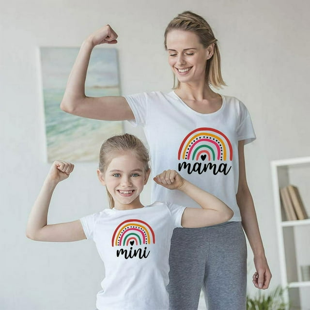 Fashion Family Parent-child T-shirt Fresh Rainbow Letter Print Neck Short-sleeved Pullover Tops