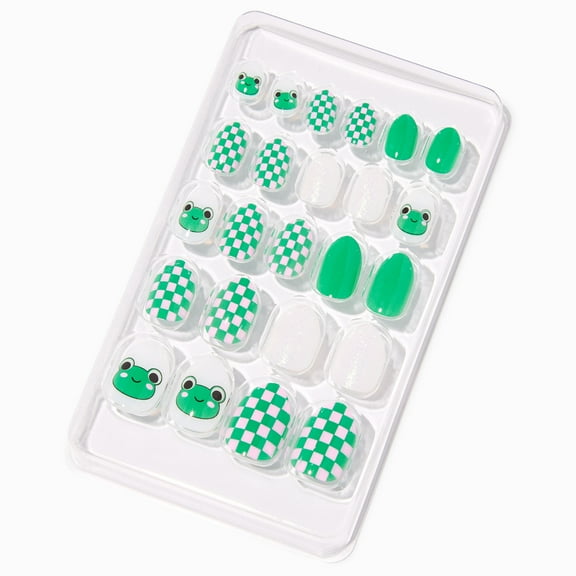 Claire's Green Frog Checkered Stiletto Press on Vegan Faux Nail Set - 24 Pack