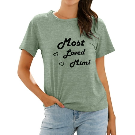 

TWZH Women Most Loved Mimi Letter Heart Print Short Sleeve T-Shirt