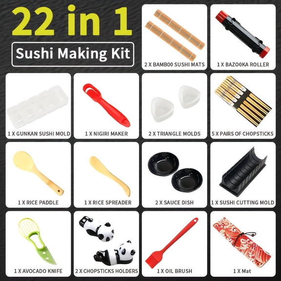 22 Pcs Sushi Making Kit-Bamboo Sushi Mat, Sushi Bazooka Roller & Sushi Mold, DIY Sushi Maker Kit For Beginners Sushi Lovers, Perfect For Housewarming Birthday Christmas Cooking Gifts