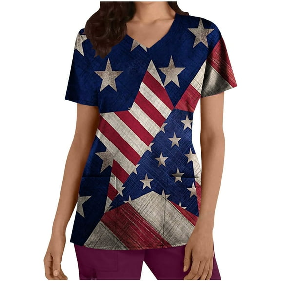 Wycnly Shirts for Women Short Sleeve V-Neck Star Striped Print Summer Basic Tops Fashion Independence Day Graphics Nurse's Shirt 4th July Uniform Tunic with Pocket Dark Blue m