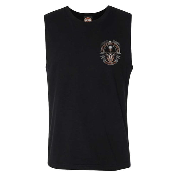 Harley-Davidson Men’s Shady Skull Sleeveless Muscle Tee – Black Cotton, Biker Graphic, Crew Neck, Classic Fit